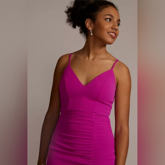 EMERALD SUNDAE | Crepe Spaghetti Strap Gown w/ Ruching in Fuchsia sz XS - Picture 9 of 9